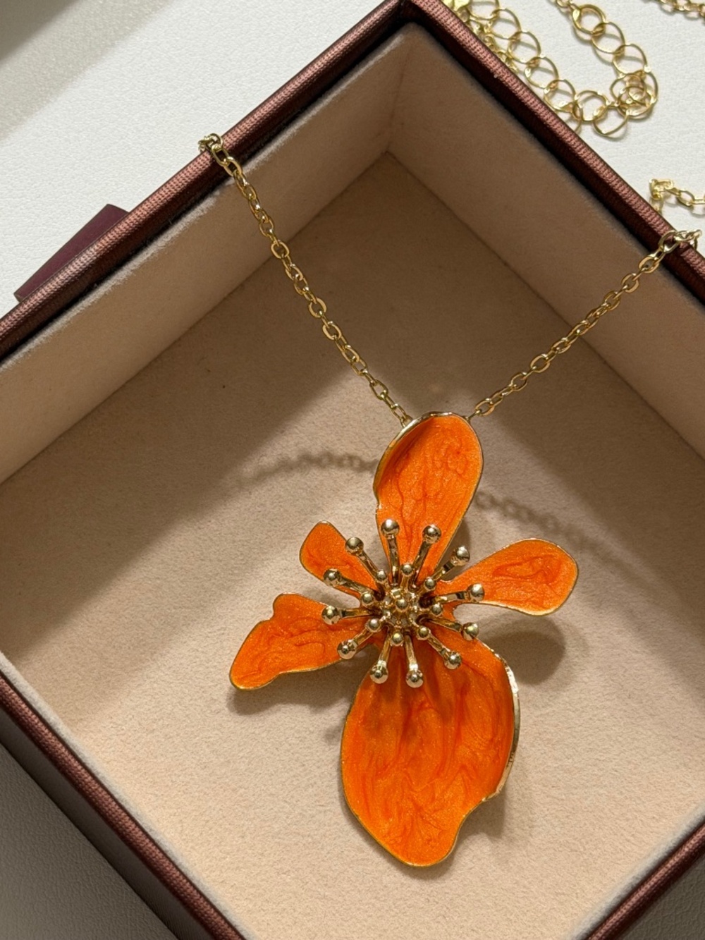 Vintage Golden Orange Asymmetrical Exaggerated Flower Enamel Statement Necklace
